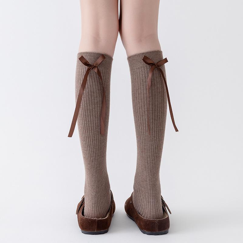 Осенне-зимние кашемировые гольфы до икр, женские гольфы до колена с бантом и лентой, утолщенные теплые и универсальные гольфы до бедра 1 pair верблюд