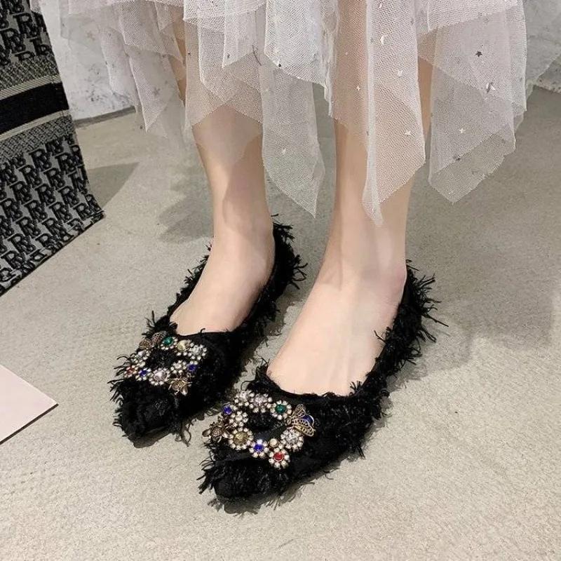 Fashion Black Shoes for Women Rhinestone with Crystals Green Elegant Party Pointed Toe Woman Flats Diamond Social Korean Style Lastest