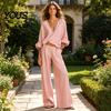 Lockere Passform Damenbekleidung Damen 2-teiliges Baumwoll-Leinen-Set, Langarm V-Ausschnitt Bluse Bequemes Outfit Und Weite Hosen Passend für Sommerurlaub