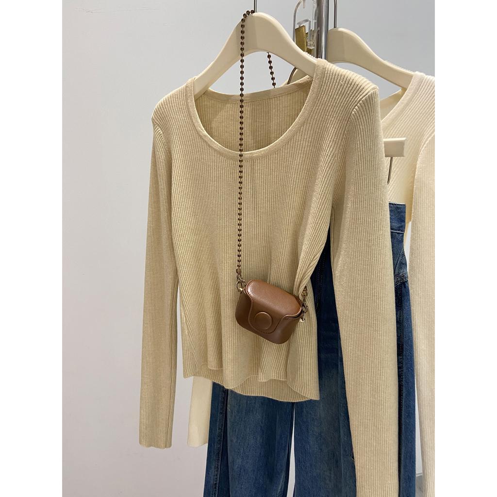 Retro u-neck knitted sweater bottoming sweater women's autumn and winter soft waxy long-sleeved front shoulder slim-fitting and thin inner top