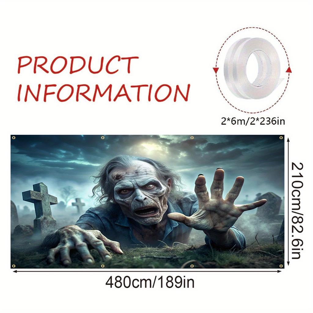 1pc Halloween Banner - Graveyard Zombie Scene Outdoor Decor Durable Spooky Theme For Halloween Party Easy to