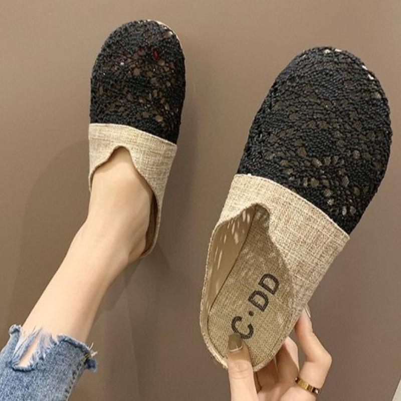 Round-headed, Wrapped-toe Flax Half-slipper for Women, 2026 Summer Wear, Flat-soled, No Heel, Slip-on, Hollow-out Sandals