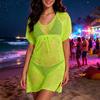 Cover Up, Drawstring Breathable Mesh Fabric, Swimsuit Short Sleeve Side Slit Design, Beach Dress for Summer Beach