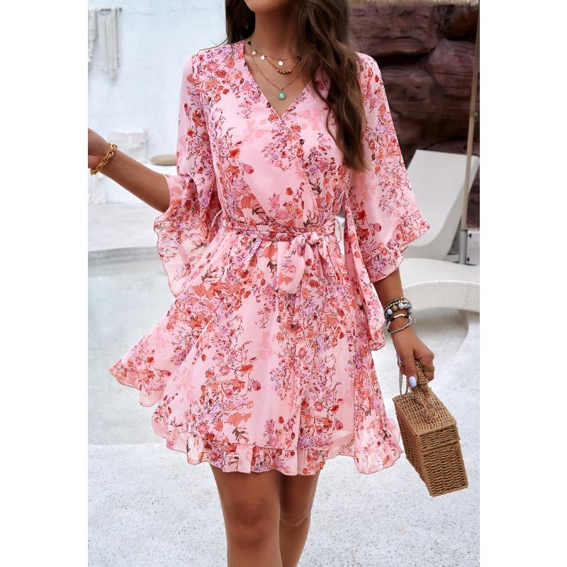 Vacation Casual Printed Lace Up Chiffon Dress