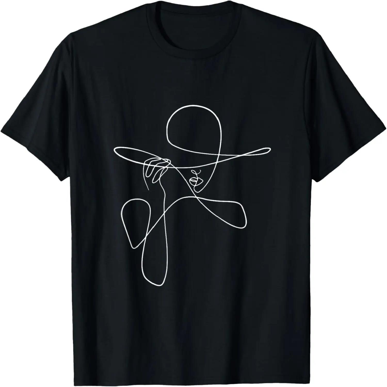 Line Art Drawn Woman with Hat Design T-Shirt S чёрный