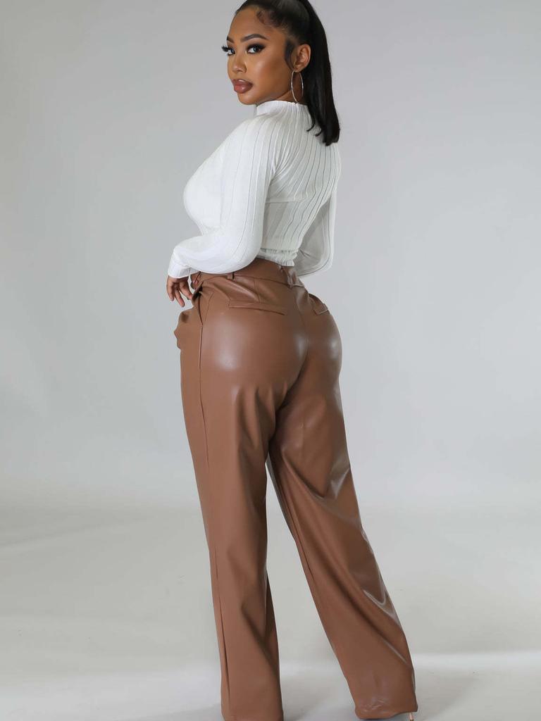 New Autumn Winter PU Women's Wide Leg Pocket Casual Leather Pants
