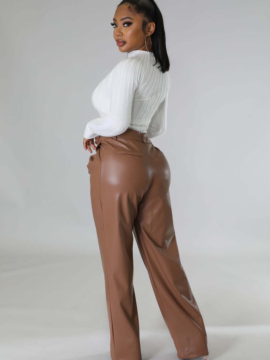 

New Autumn Winter PU Women s Wide Leg Pocket Casual Leather Pants XXL темно-коричневого кольору