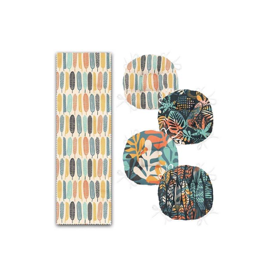 5-teiliges Stuhlkissen-Set / digital bedruckt, 4 Stück runde Stuhlkissen und 1 Stück Läufer