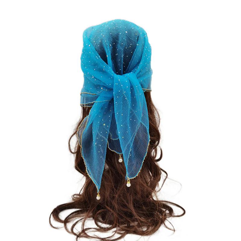 Versatile Pearl Tassel Rhinestone Square Scarf Lace Trim Hair Wrap Full Sky Star Headwrap Solid Color Breathable Fabric Scarf