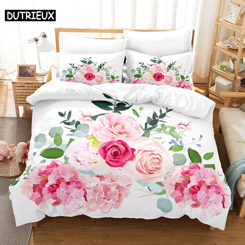 Pink Flower Duvet Cover and Pillowcases Set King Size 220x240 Double Bed Single 3D Queen Bedding Sets Pink Full Twin Quilt Linen