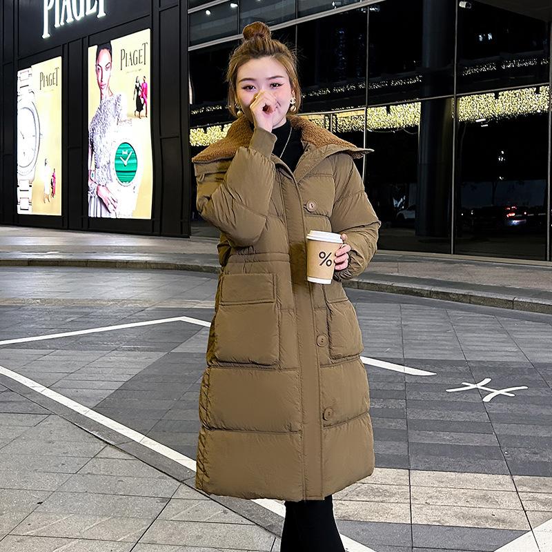 

Новая зимняя хлопковая куртка женская средней длины ниже колена корейская версия свободная куртка с воротником-стойкой с подкладкой повседневная однотонная куртка с подкладкой XXL