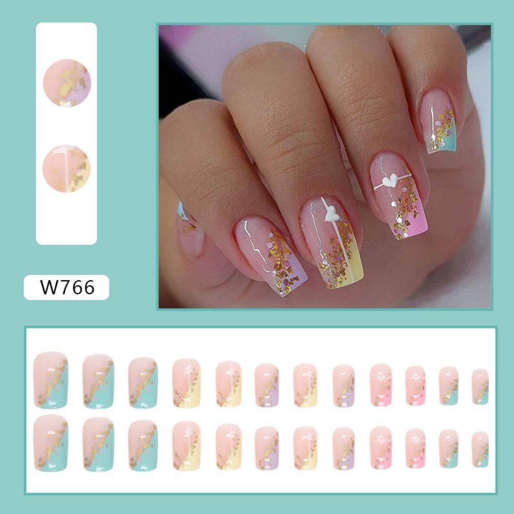 Rainbow French False Nails Long Square Press On Nails Fashion Fake Nials  DIY