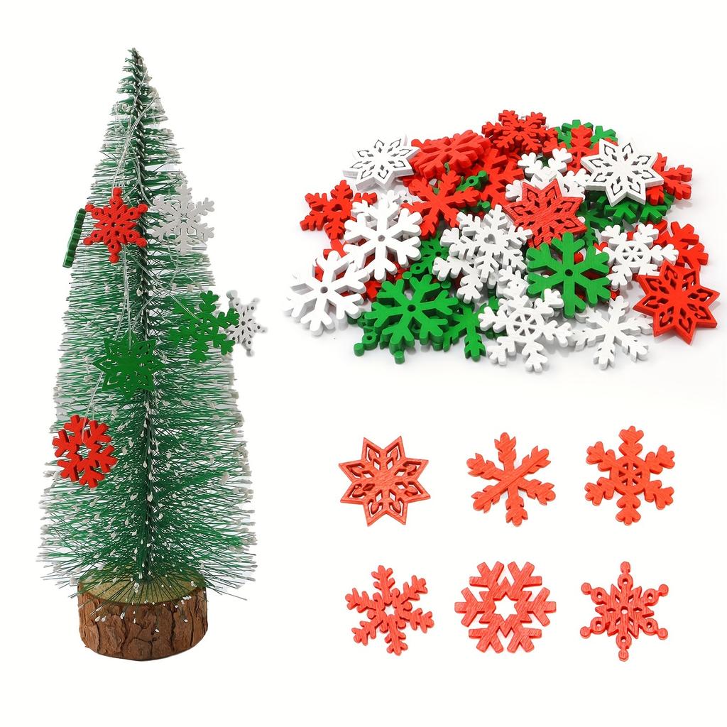 50 Pcs Random Mixed Color Snowflake Wooden Chips DIY Christmas Tree Decor Red White & Green Snowflakes Christmas Wood Chips
