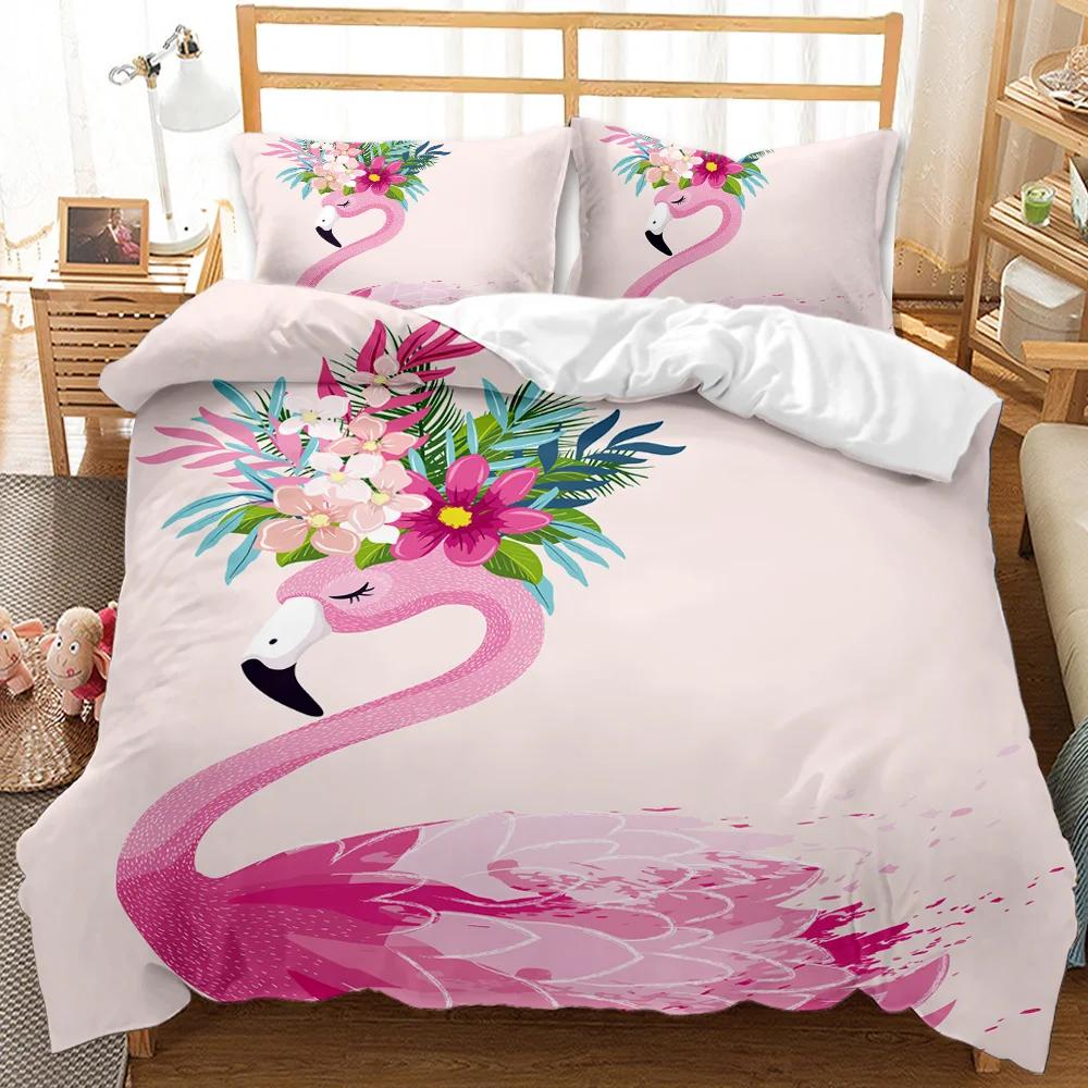 Flamingo Duvet Cover Couple Flamingo Palm Leaf Twin Bedding Set Tropical Botanical Leaves Summer King Size Polyester Quilt Cover