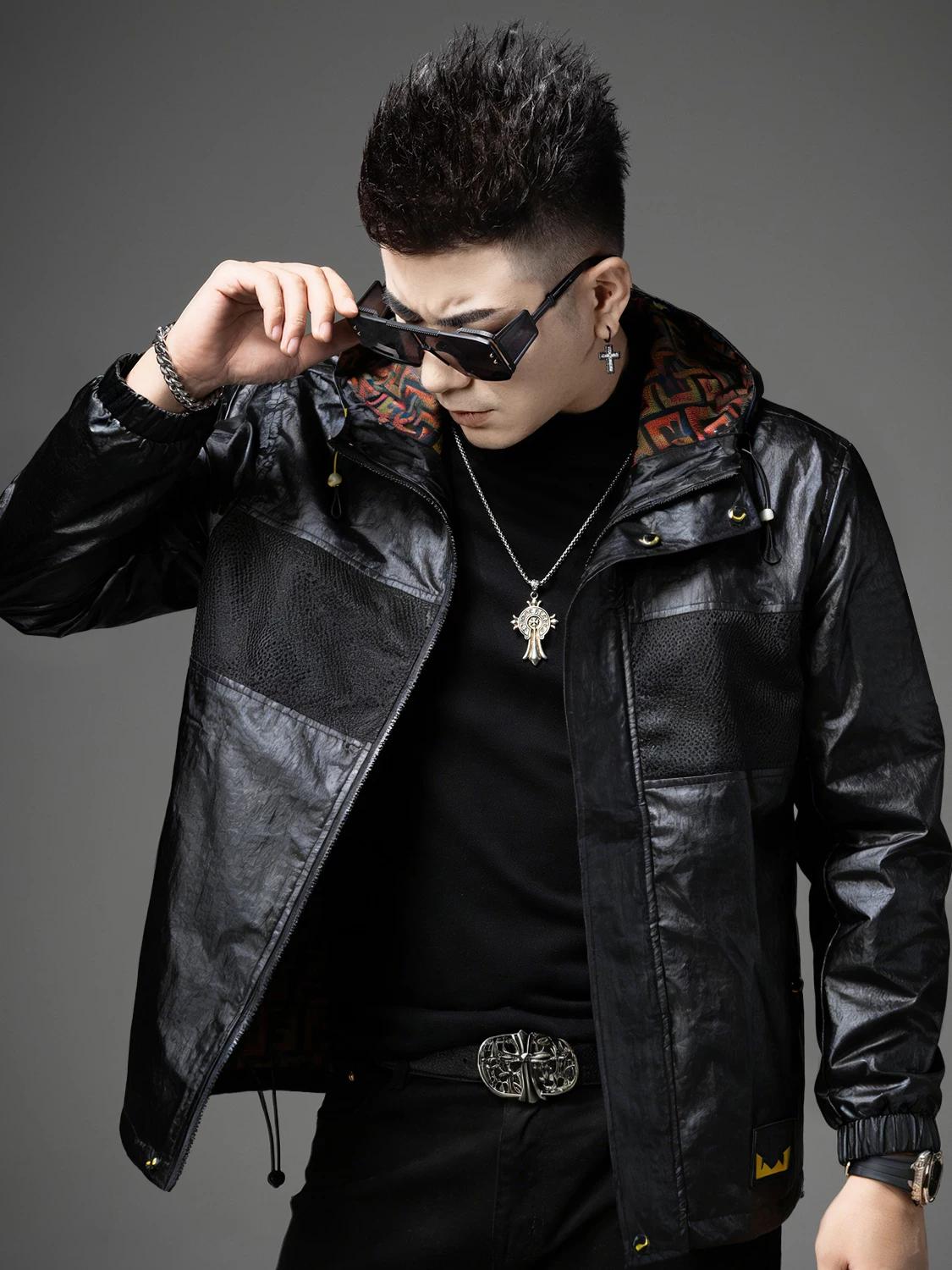 European Style Trendy Mesh Patchwork Hooded Jacket for Men 2026 Spring New High-End Windproof Casual Jacket for Men 2XL чёрный