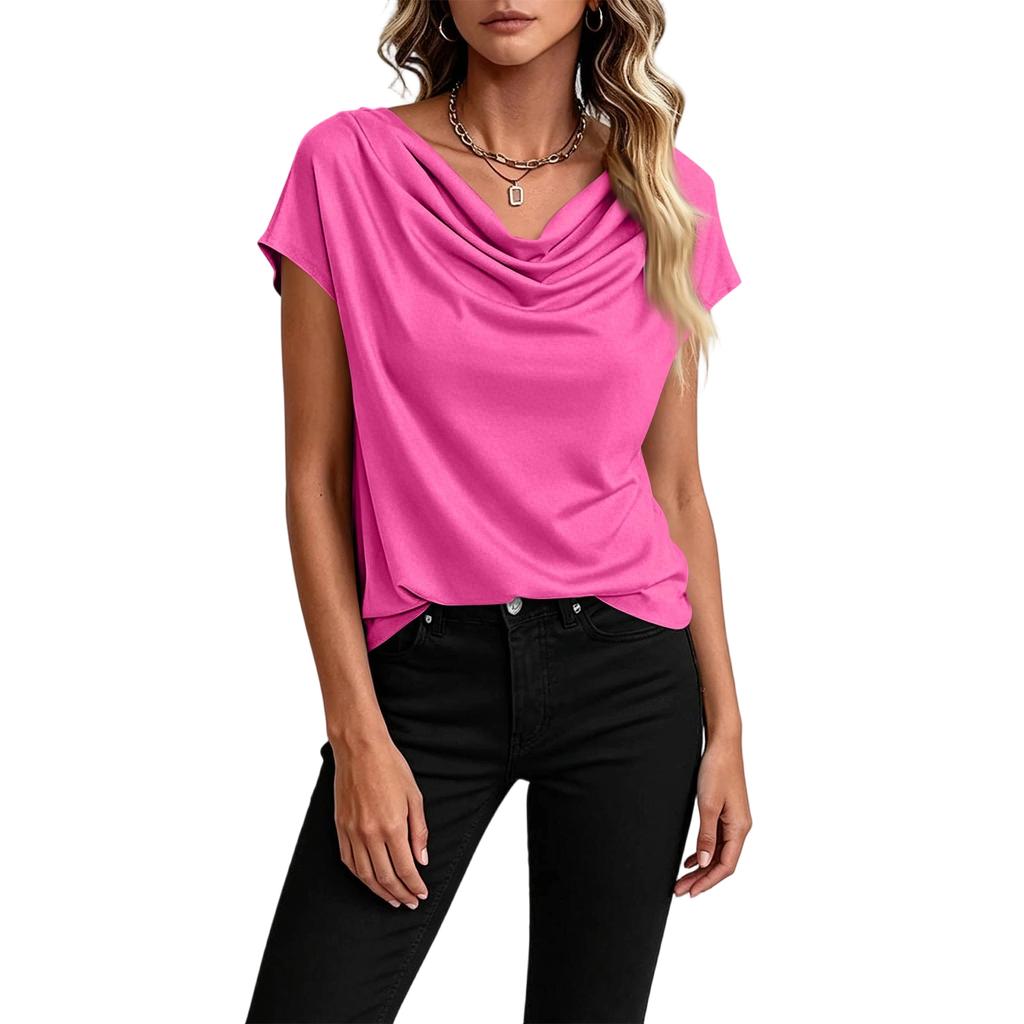 Womens Casual Draped Neck Short Sleeve Top Lightweight Relaxed Fit Solid Color Blouse Suitable for Daily Wear and Various Occasions