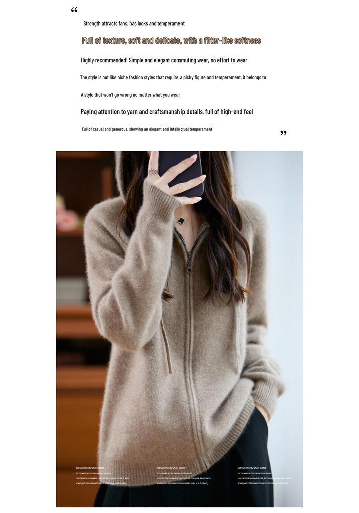 Women's Thick Wool Zipper Hooded Cardigan: Autumn/Winter Fashion, Loose Knit, Long Sleeve Sweater Coat.