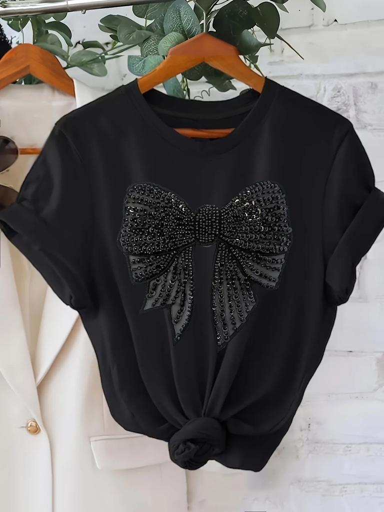 WomenS Sparkling Black Bow TShirt Short Sleeve Casual Crew Neck Rhinestone Detail Ideal for All Seasons