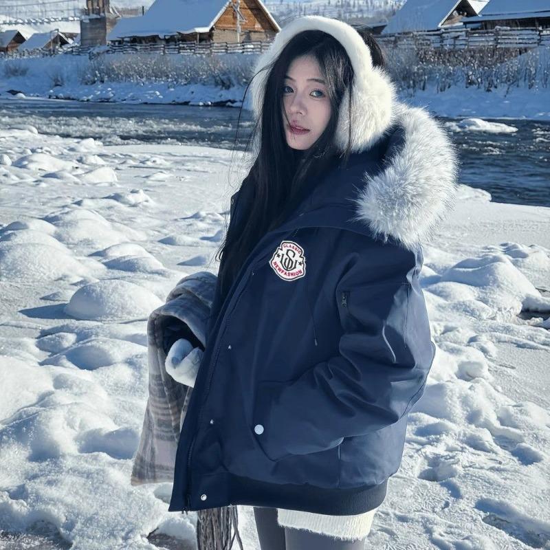 Parka Gruesa Cálida Acolchada con Capucha y Cuello de Piel para Mujer Abrigo Casual de Invierno