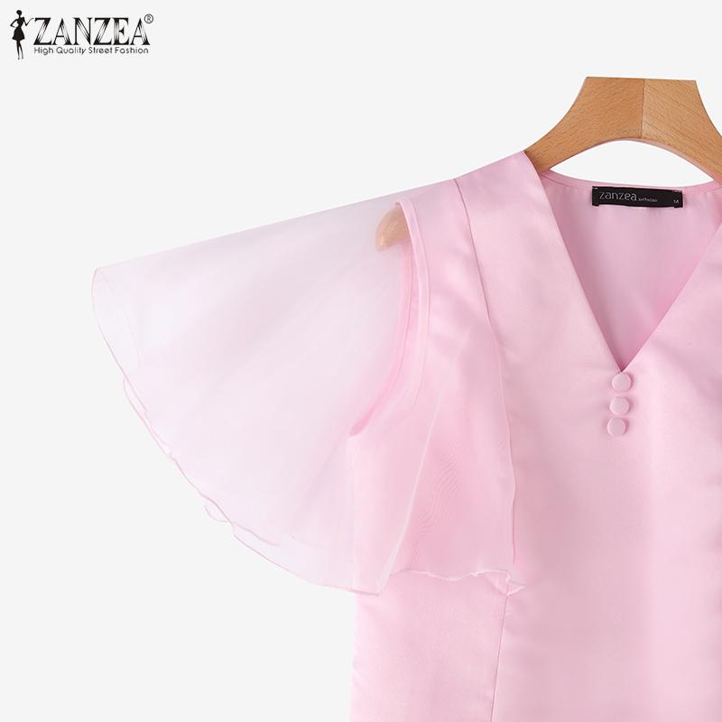 ZANZEA Damen Lässig Mesh-Einsatz Rüschenärmel Sommer V-Ausschnitt Bluse