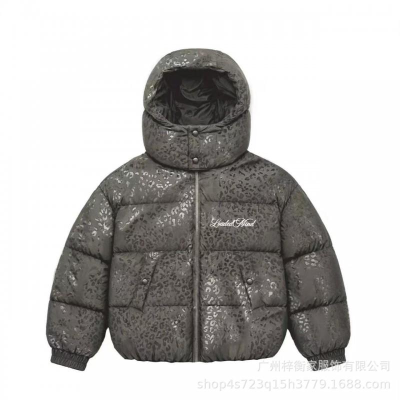 Womens Black Leopard Print Hooded Cotton Coat Casual Commute Short Thick Warm Waterproof Winter Jacket