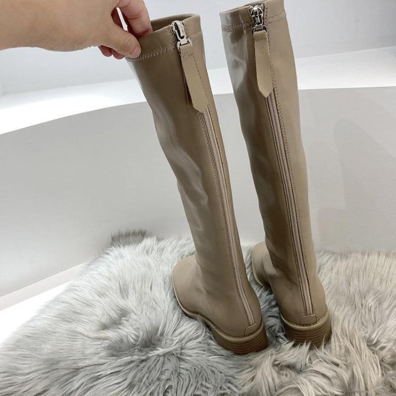 Rear zipper velvet boots New squareheaded knight boots White versatile high boots Women's thin boots