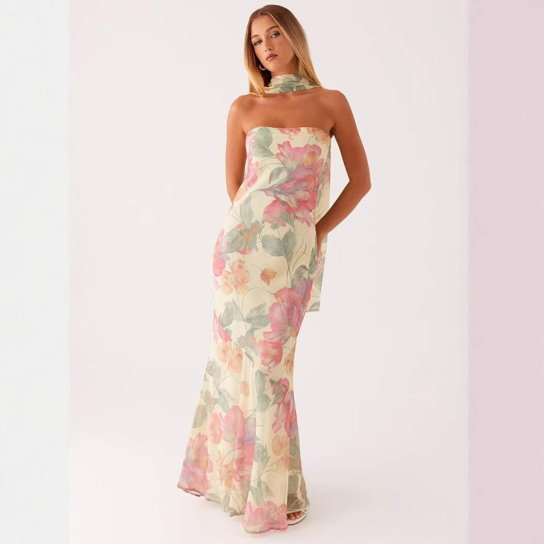 Женское strapless (без бретелей) макси-платье-русалка с цветочным принтом и драпировкой сбоку S