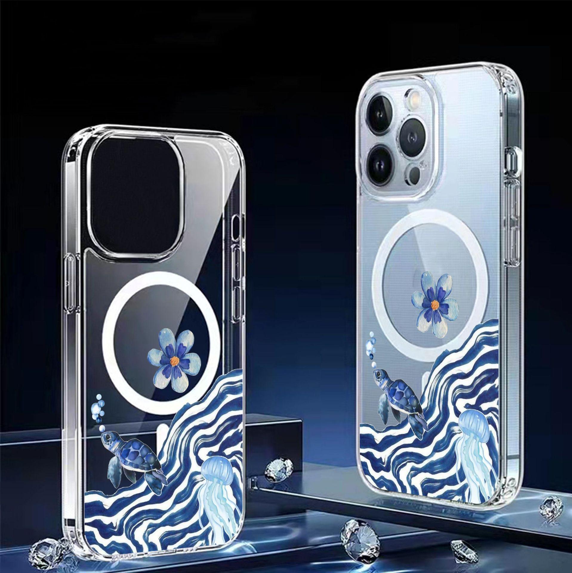 Blue Sea Wave Magnetic Clear Case for iPhone 15/16/17 Pro Max - Full Coverage Protection iPhone 12/12 Pro