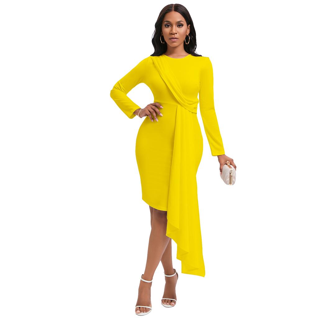 Large Size Women Spring Autumn Fashion Round Collar Long Sleeves Pencil Dress Ladies Elegant One Piece Solid Sheath Dress