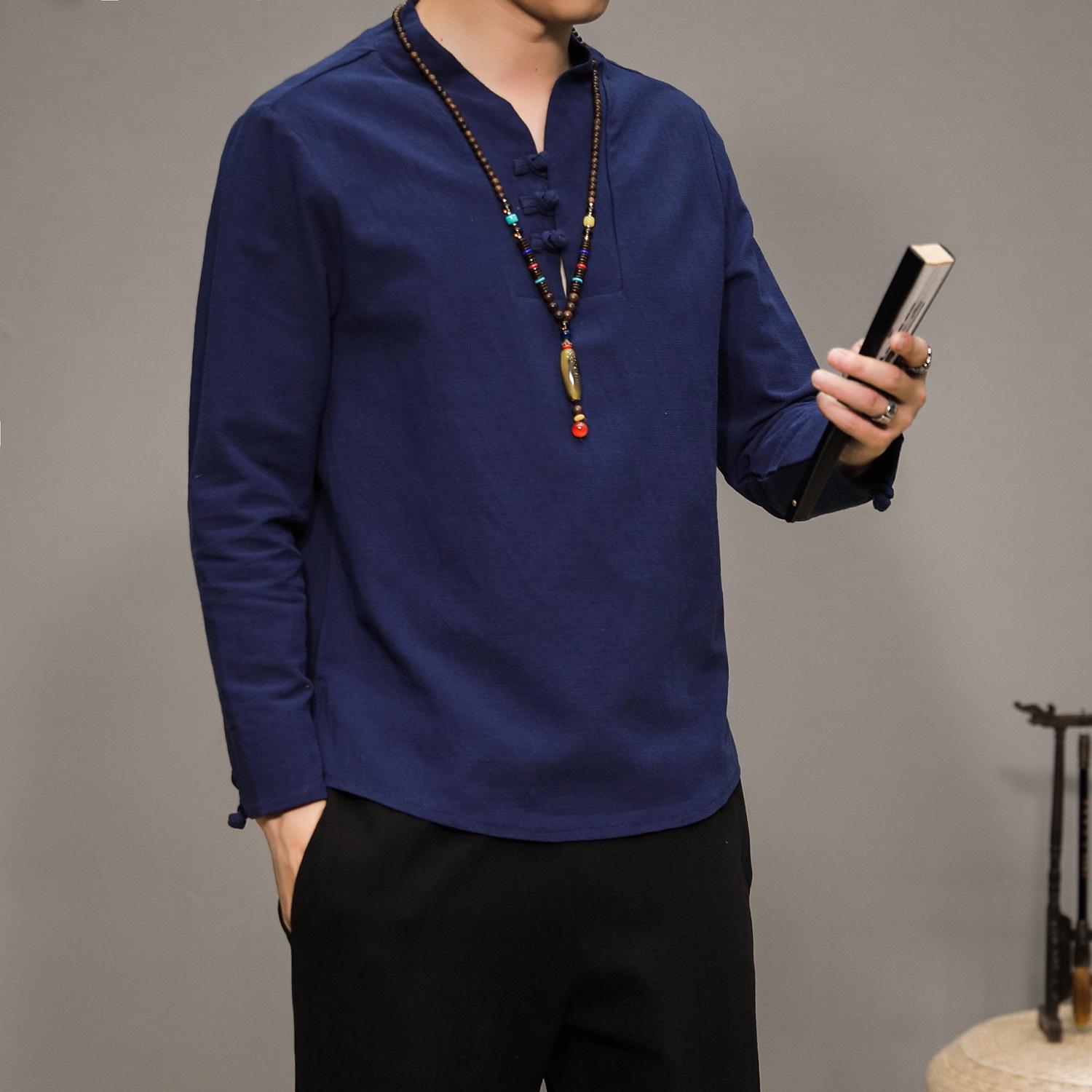 

Мужская льняная футболка с длинным рукавом в стиле ханьфу с пуговицами-лягушками (Доступны размеры Plus) XL темно-синий