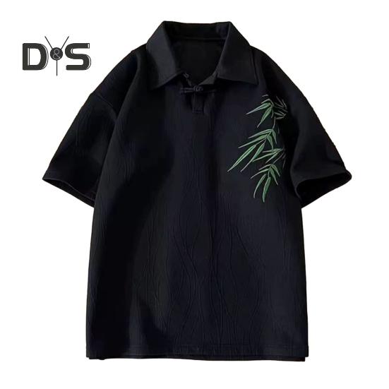 

Мужская футболка в китайском стиле с коротким рукавом и лацканами, свободная футболка в стиле ретро с вышитым рисунком бамбука для повседневной носки на улице M чёрный