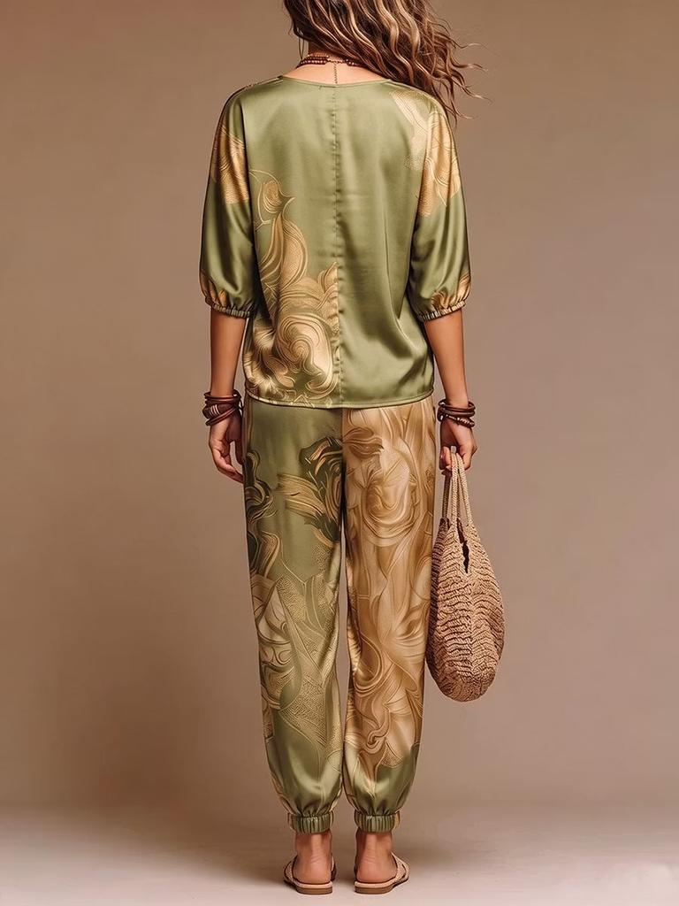 Conjunto de top casual feminino transfronteiriço europeu e americano para comércio exterior, em cetim, com decote V, mangas de três quartos estampadas, e calças de cintura alta de perna larga