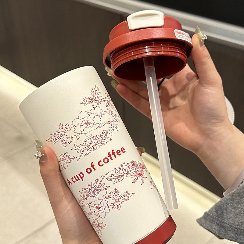 New Stainless Steel Lily of the Valley Coffee Cup High Value Thermal Insulation Cold Coffee Cup Rope Portable Double Drink Straw Cup