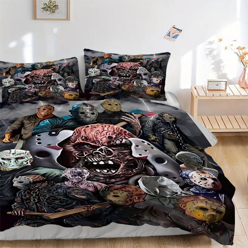 3pcs Friday the 13th Horror Movie Characters Comforter Set with Two Pillowcases (No Core), Home Decor, Gift, Polyester Fabric, Anime Cartoon