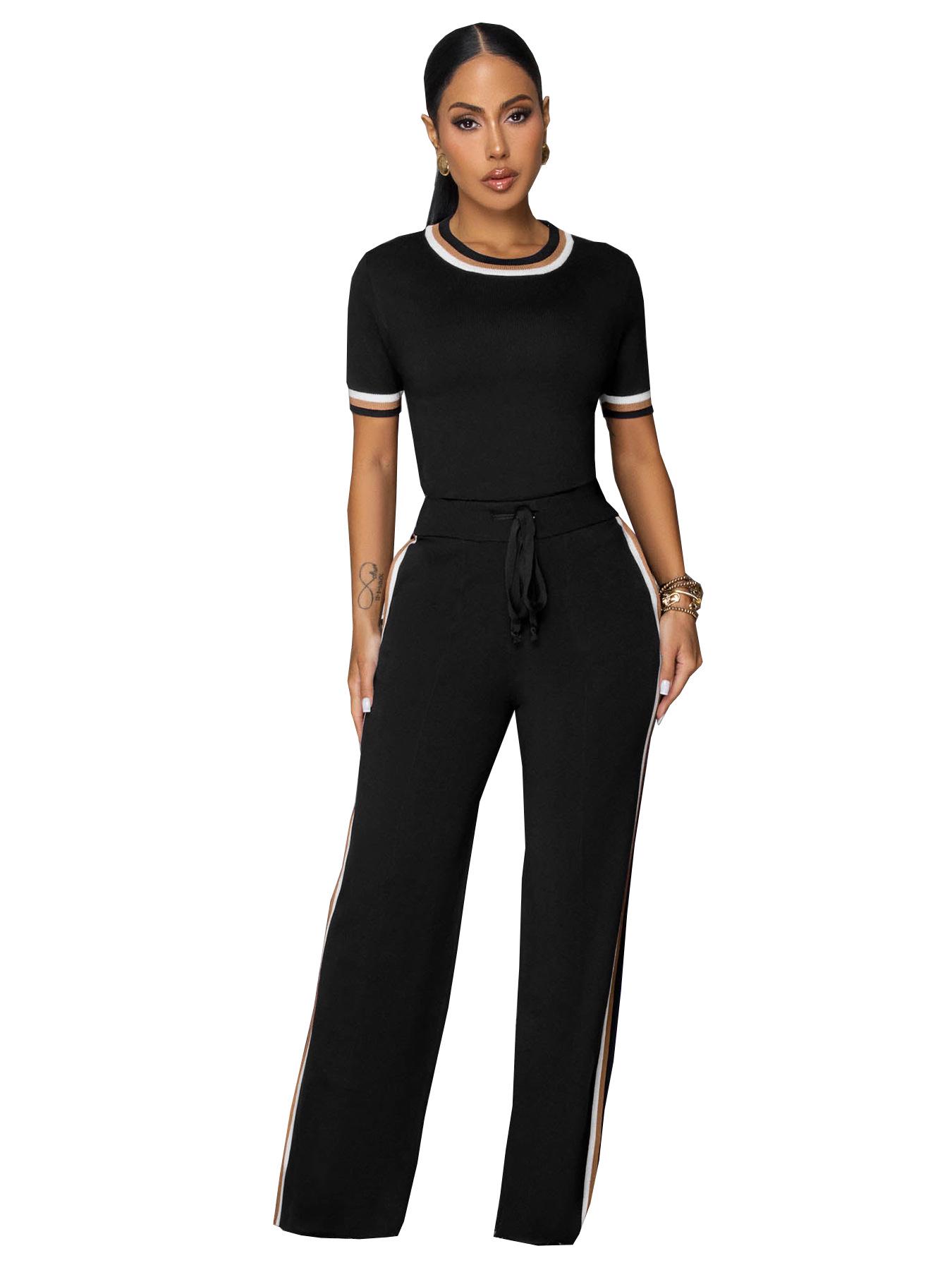 TW825 Women s Summer Fashion Patchwork Ribbed Contrast Color Loose Casual Two-Piece Pants Set Extra Large чёрный