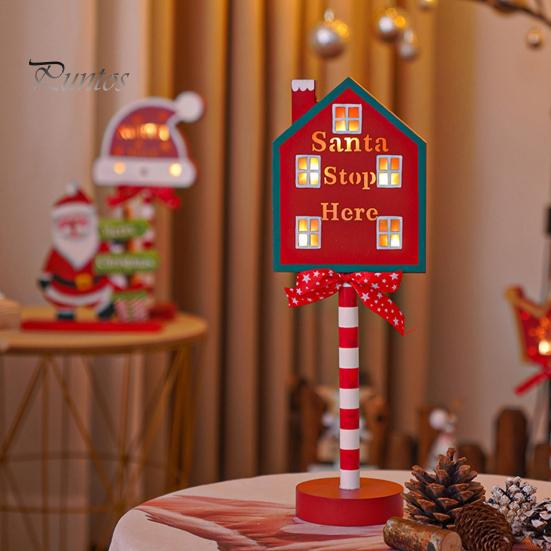 Christmas Street Sign Light with Bowknot Santa Stop Here North Pole Letter Vintage Reusable Xmas Holiday Decoration Desktop Guideboard LED Lamp