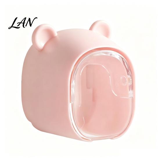 Waterproof Brush Holder Cute Bear Wall Mounted Toothbrush with Dustproof Flip Cover, Single Bathroom Decor Dispenser Storage Organizer, Drill-free