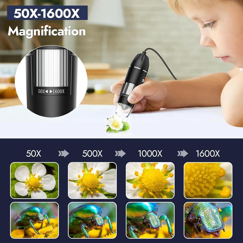 Digital Microscope, 50X-1600X Magnification Portable USB Microscope with Adjustable Stand, Mini Microscope Camera Compatible with iPhone, iPad,