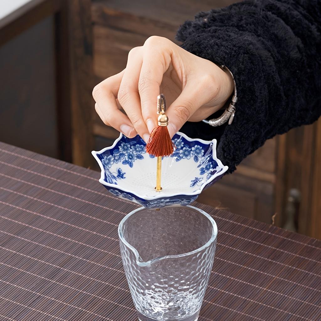 1pc Ceramic Tea Strainer - Blue & White Umbrella Design with Tassel, Compact for Office/Home Decor,for Kung Fu Tea Sets
