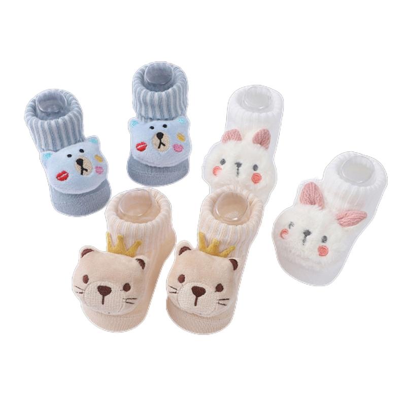 3 Paar Junge Mädchen Lauflernsocken Cartoon-Puppen Strickschuhe Bodenfußbekleidung