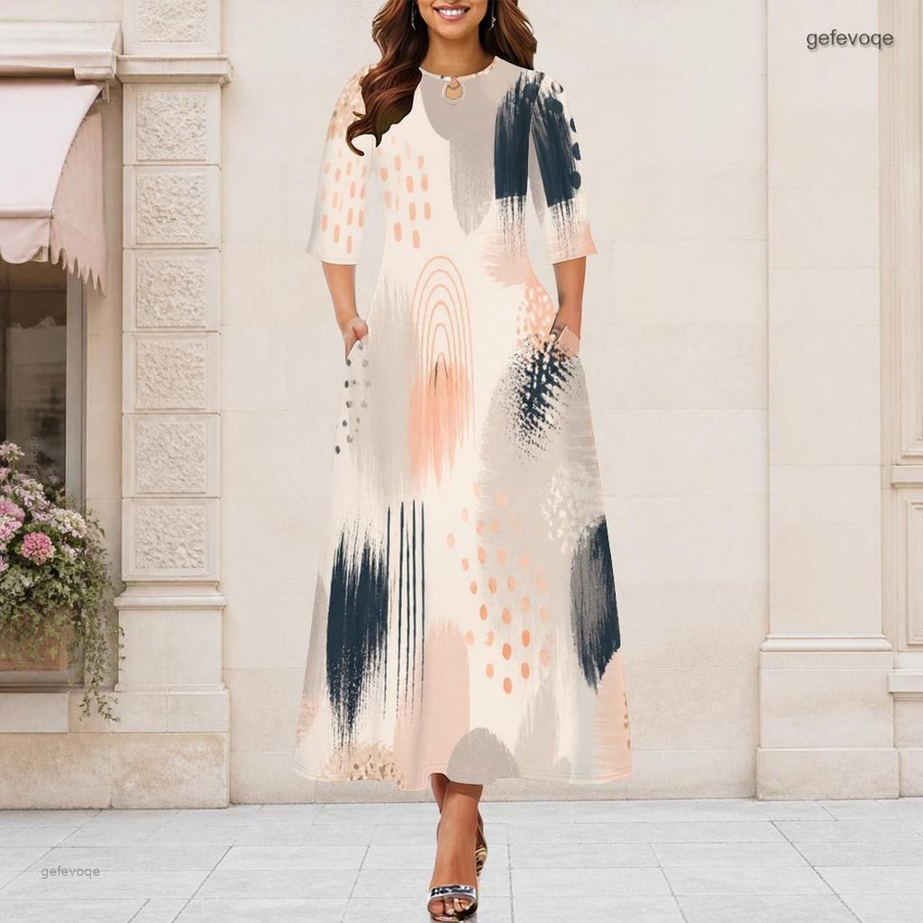 Women Plus Size Round Neck Keyhole 3 4 Sleeve Abstract Print Long Maxi Dress
