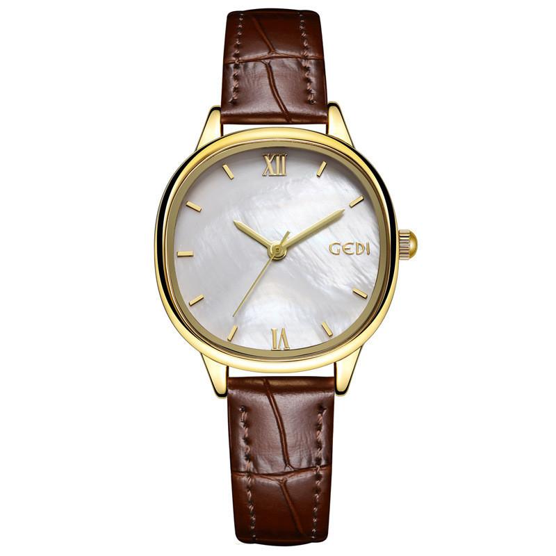 Elegant Ladies Quartz Watch With Leather Strap For Daily Wear Gold White