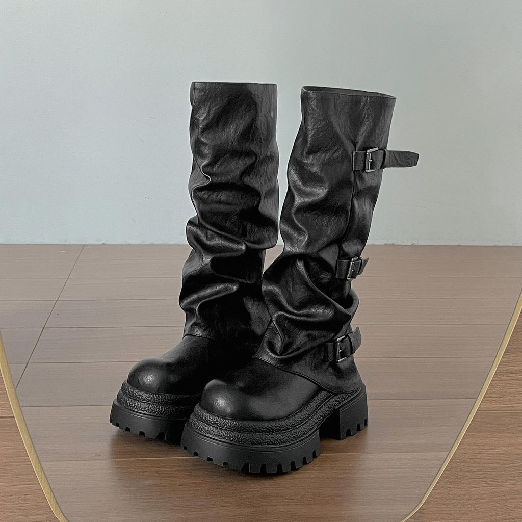 Retro black British platform boots women's boots 2025 new autumn with skirt thin knight boots