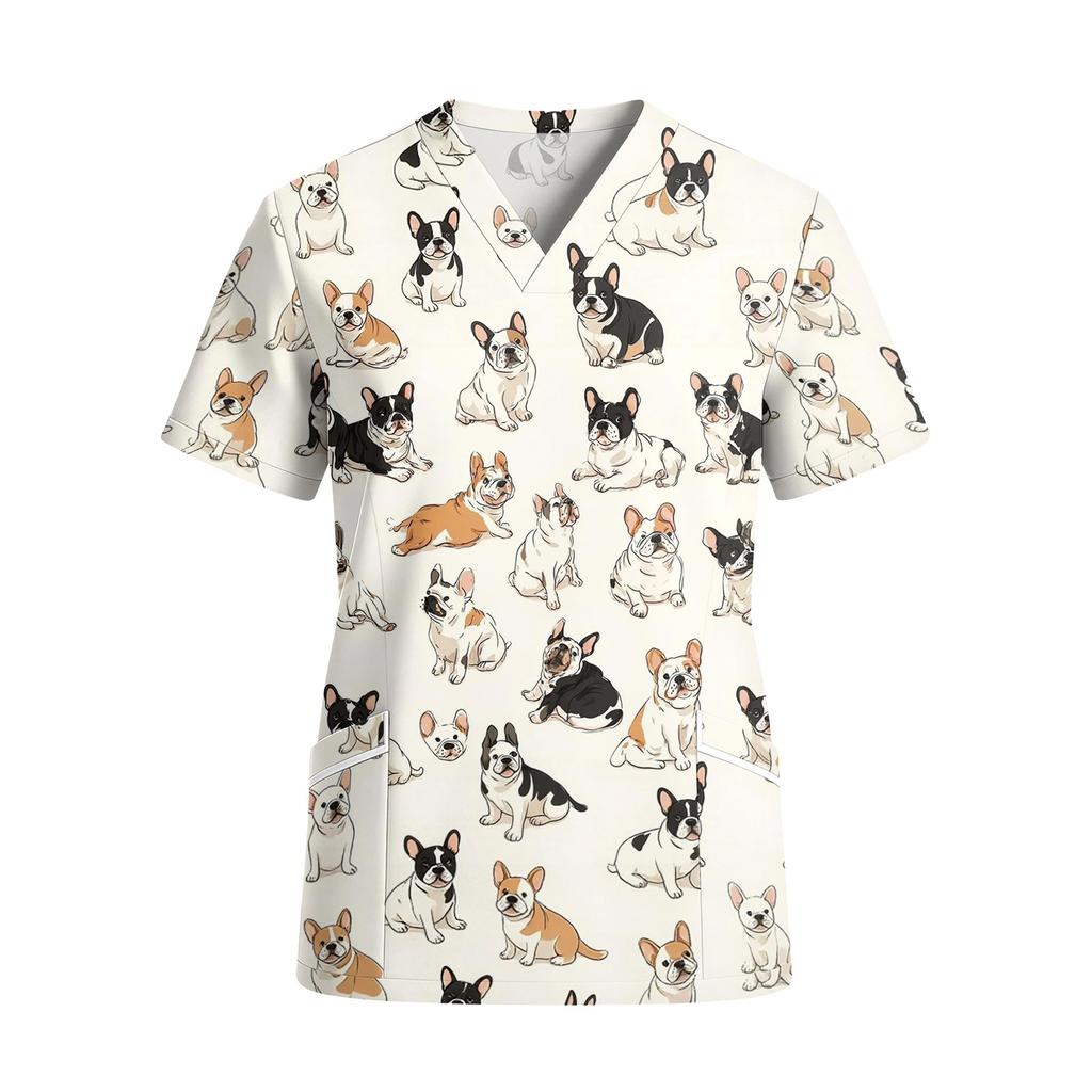 Top da Lavoro da Donna con Scollo a V, Manica Corta, Tasche, Stampa Animalier, Camice Medico, Leggero, Vestibilità Comoda per Professionisti Sanitari