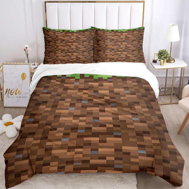 3pcs Minecraft Inspired Earthy Brown and Green Pixelated Patterned Bedding Set-Perfect for Home Decor, Bedroom, Living Room, Hotels, Gifts,