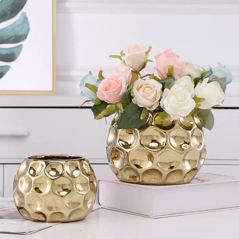 European Golden Vase Big Mouth Flower Arranging Succulent Flower Pot Tabletop Decoration Living Room Art Deco Vase Decoration