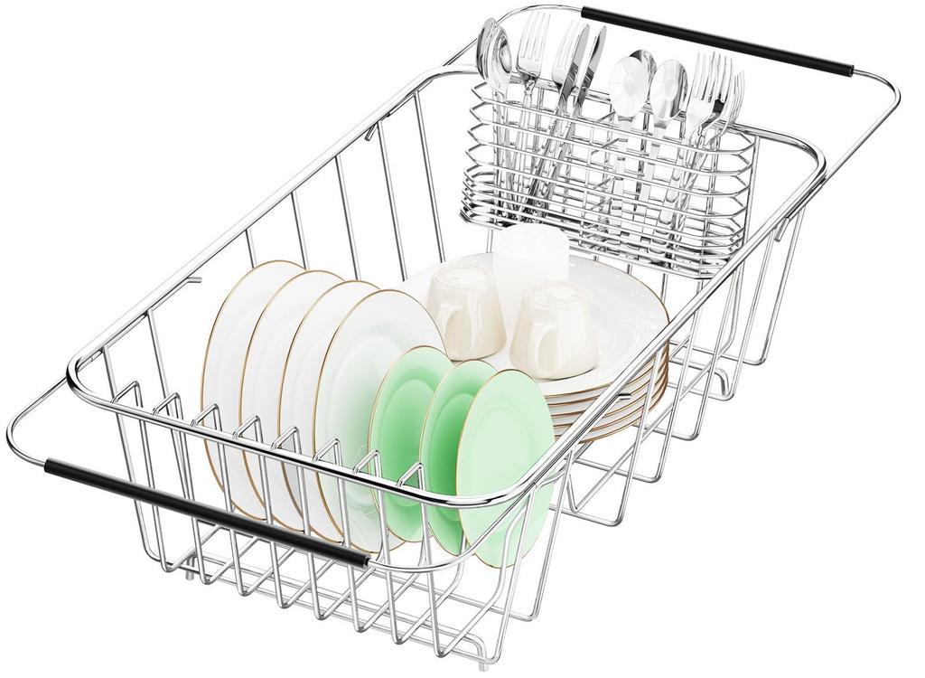 drainer Expandable 304 stainless steel metal dish drying rack organizer with stainless steel dish holder inside the sink In-sink rack. Adjustable.