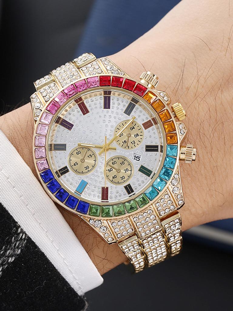 UTHAI BK114 Modische Herrenuhr, farbiger Diamant-Kalender, eingelegte Diamant-Quarzuhr, Luxus-Uhr Geschenkuhren für den Mann