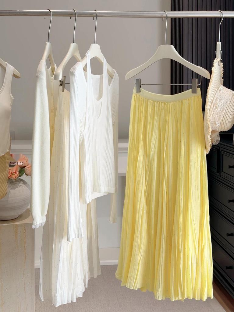 Ethereal Hot-Fix Pleated Chiffon A-Line Skirt for Women, Spring 2026 - Slimming with Large Hem Design