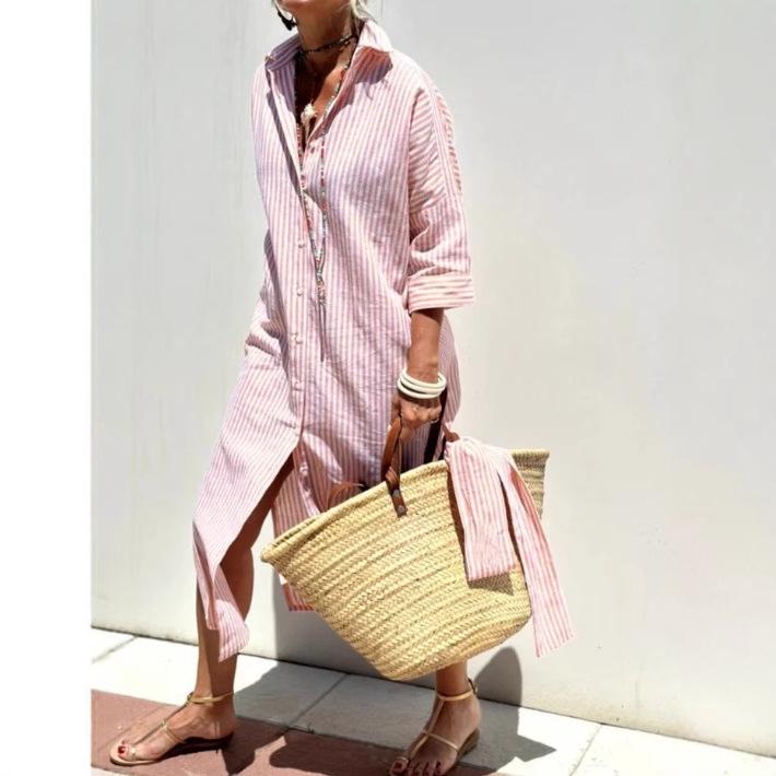 

Summer Striped Shirt Dress with Slit M красный